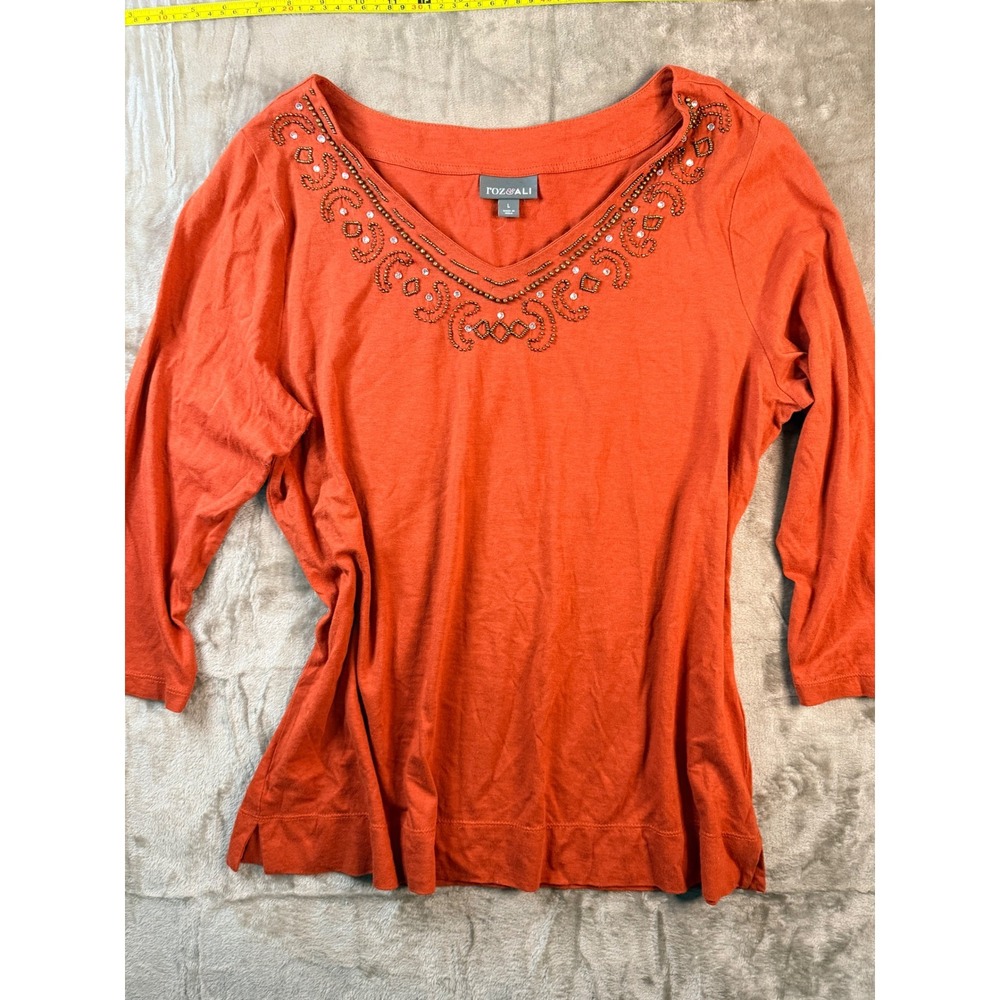 Roz‎ & Ali Womens Burnt Orange Beaded Rhinestone V-Neck 3/4 Sleeve Top Large